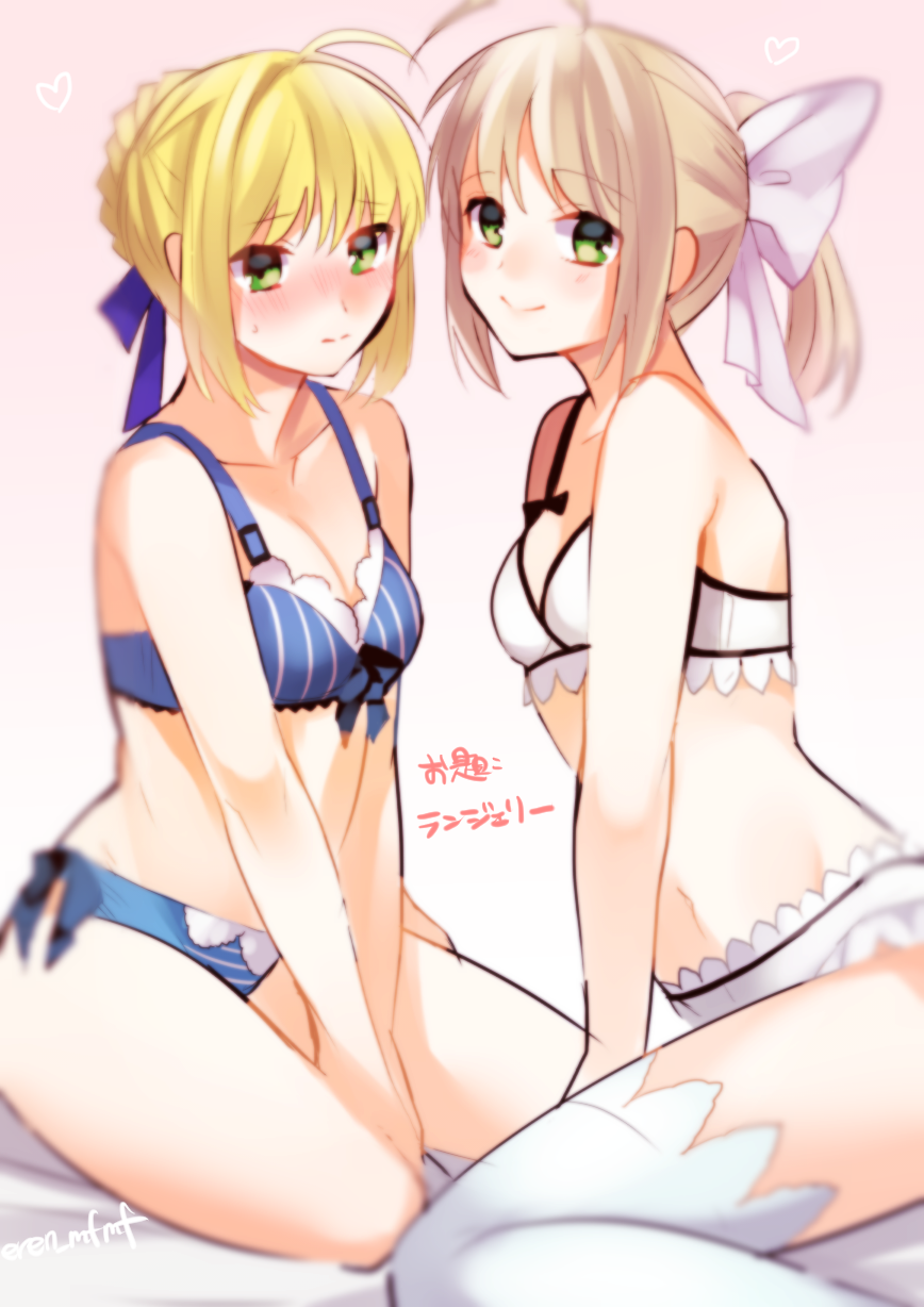 2girls, ahoge, alpha_(eren_mfmf), arm_support, blonde_hair, bra, breasts, cleavage
