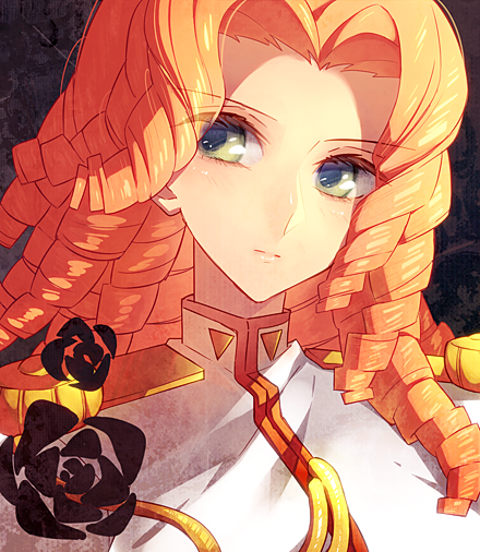 1girl, arisugawa_juri, commentary_request, curly_hair, flower, green_eyes, orange_hair, ponta_(aoi)
