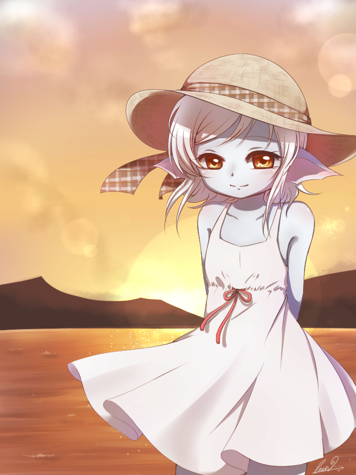 1girl, blue_skin, brown_eyes, dress, gelulu, hat, league_of_legends, looking_at_viewer