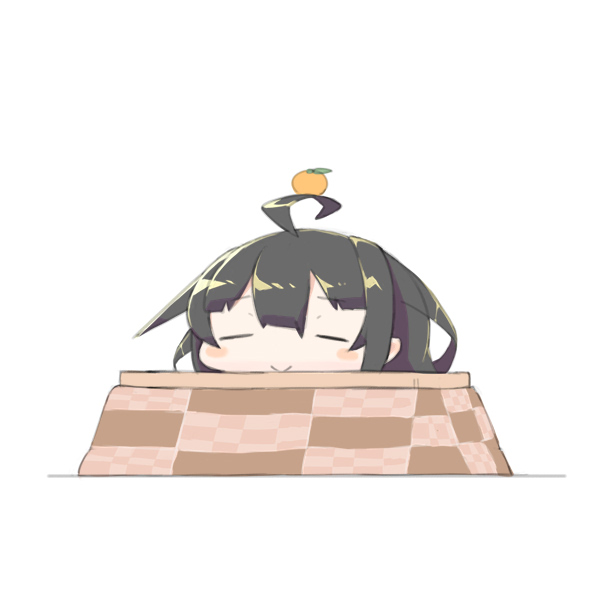 1girl, :>, ahoge, black_hair, blush_stickers, closed_eyes, closed_mouth, eyebrows_visible_through_hair