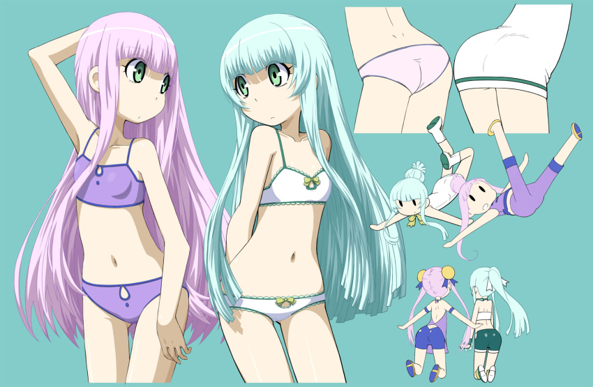 2girls, :/, alternate_hairstyle, aoki_hagane_no_arpeggio, aqua_background, arm_up, arms_behind_back, ass