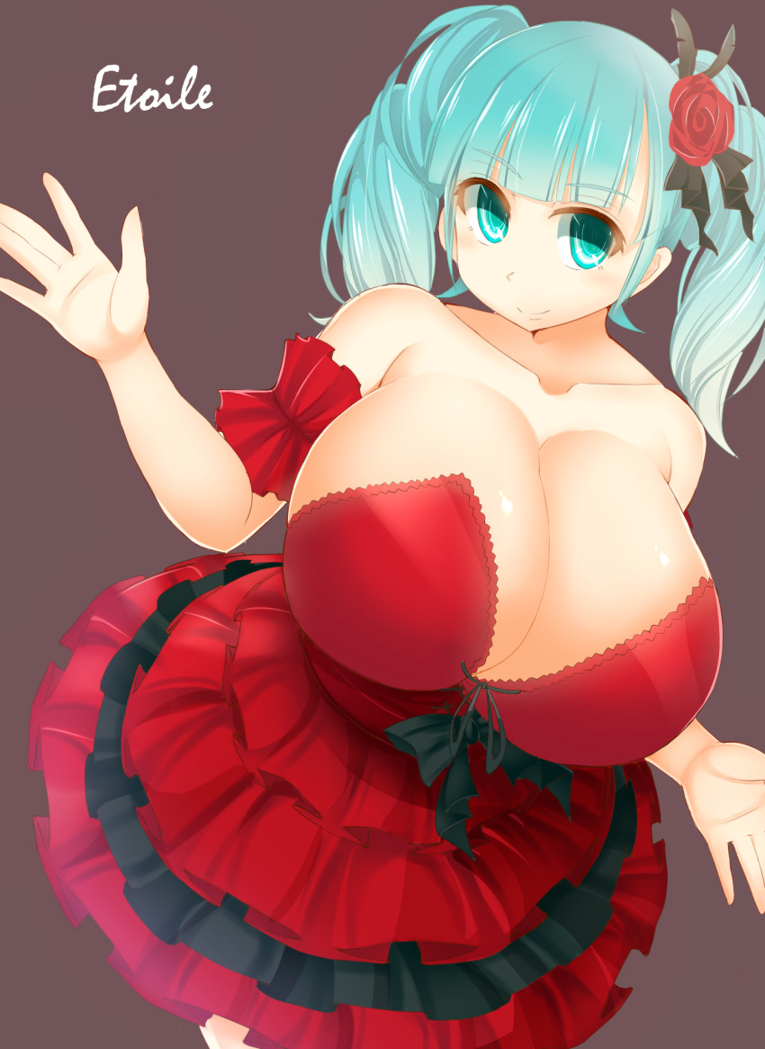 1girl, aqua_eyes, aqua_hair, bare_shoulders, breasts, brown_background, cleavage, collarbone
