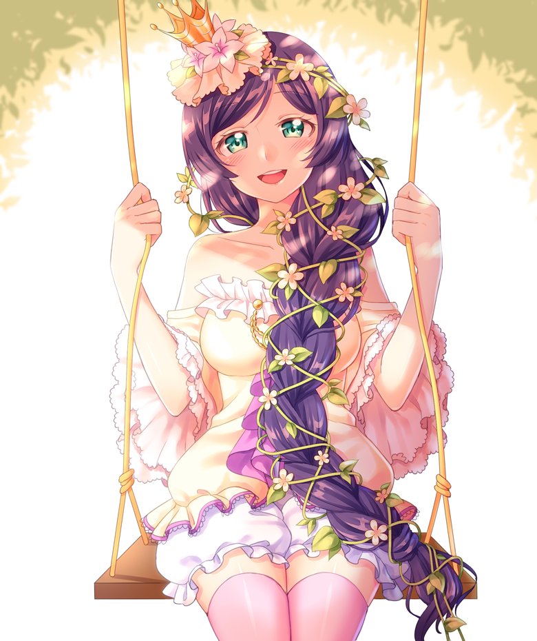 1girl, blush, braid, breasts, crown, dress, flower, green_eyes, hair_flower, hair_ornament, hair_over_shoulder, hair_vines, head_tilt, hoshisakura_(starblossom), long_hair, looking_at_viewer, love_live!, love_live!_school_idol_project, mini_crown, open_mouth, pink_legwear, purple_hair, short_dress, single_braid, sitting, smile, solo, strapless, strapless_dress, swing, thigh-highs, toujou_nozomi, very_long_hair