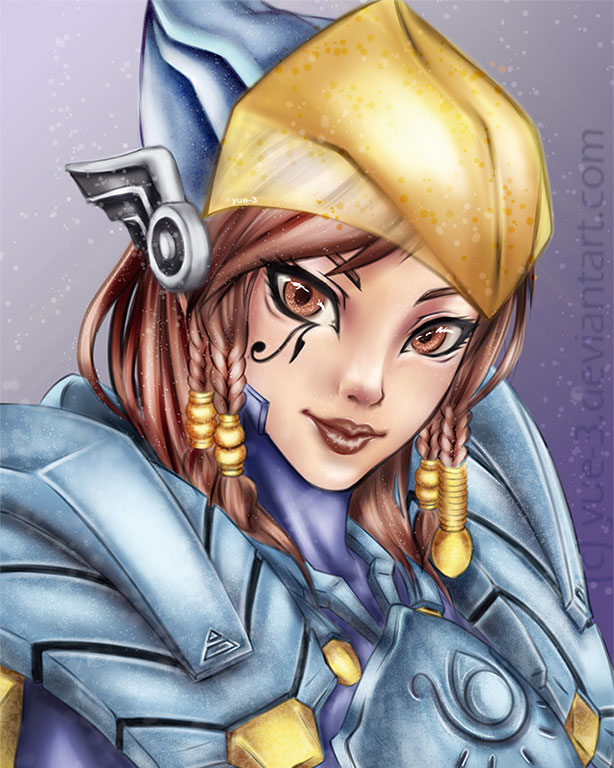 1girl, braid, brown_eyes, brown_hair, brown_lipstick, dark_skin, eye_of_horus, eyeliner, facial_tattoo, hair_tubes, helmet, lipstick, long_hair, makeup, mizukirz, nose, overwatch, pharah_(overwatch), power_armor, side_braids, solo, tattoo, upper_body, watermark, web_address