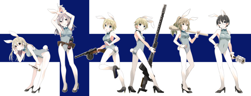 6+girls, absurdres, adapted_costume, alternate_costume, animal_ears, anti-materiel_rifle, armpits, arms_up, aurora_e_juutilainen, belt, black_hair, blonde_hair, blue_eyes, bottle, bow, bowtie, brave_witches, bunny_tail, bunnysuit, commentary, contrapposto, covered_navel, eila_ilmatar_juutilainen, eini_a_lukkanen, explosive, finnish_flag, full_body, glasses, grenade, grey_eyes, gun, hand_on_hip, hands_up, hanna_wind, high_heels, highres, laura_nissinen, leaning_forward, legs, lineup, long_hair, looking_at_viewer, looking_back, looking_to_the_side, multiple_girls, nikka_edvardine_katajainen, open_mouth, pantyhose, panzerfaust, ponytail, ppsh-41, rabbit_ears, rifle, short_hair, siblings, silver_hair, sisters, sniper_rifle, standing, standing_on_one_leg, strike_witches, submachine_gun, suomio, tail, trigger_discipline, turtleneck, weapon, white_legwear, world_witches_series