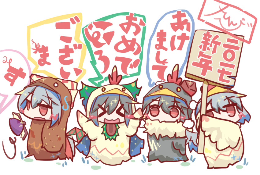 >_<, 4girls, :d, beak, bird_costume, bird_wings, black_hair, blush_stickers