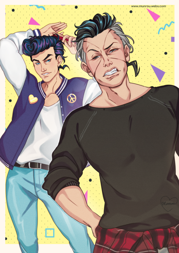 2boys, belt, black_hair, black_sweater, clothes_around_waist, comb, denim, eyebrows, flannel, grey_hair, heart, higashikata_jousuke, jacket, jeans, jojo_no_kimyou_na_bouken, letterman_jacket, male_focus, multiple_boys, munrou, nijimura_okuyasu, pants, peace_symbol, plaid, plaid_shirt, pompadour, scowl, shirt, shirt_around_waist, sweater