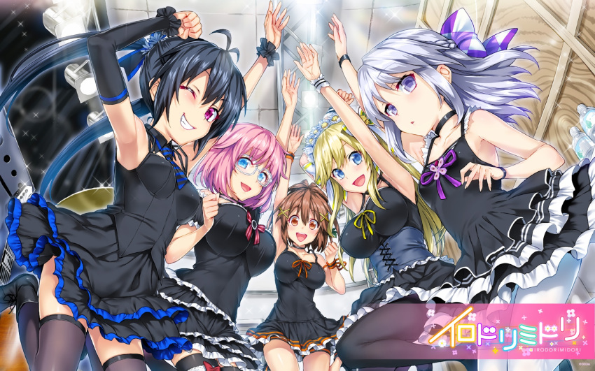 5girls, black_dress, black_hair, black_legwear, blonde_hair, blue_eyes, bob_cut, brown_eyes, brown_hair, chunithm, dress, hands_up, highres, hisashi_(nekoman), irodorimidori, long_hair, multiple_girls, pink_hair, ponytail, short_hair, silver_hair, violet_eyes, white_legwear