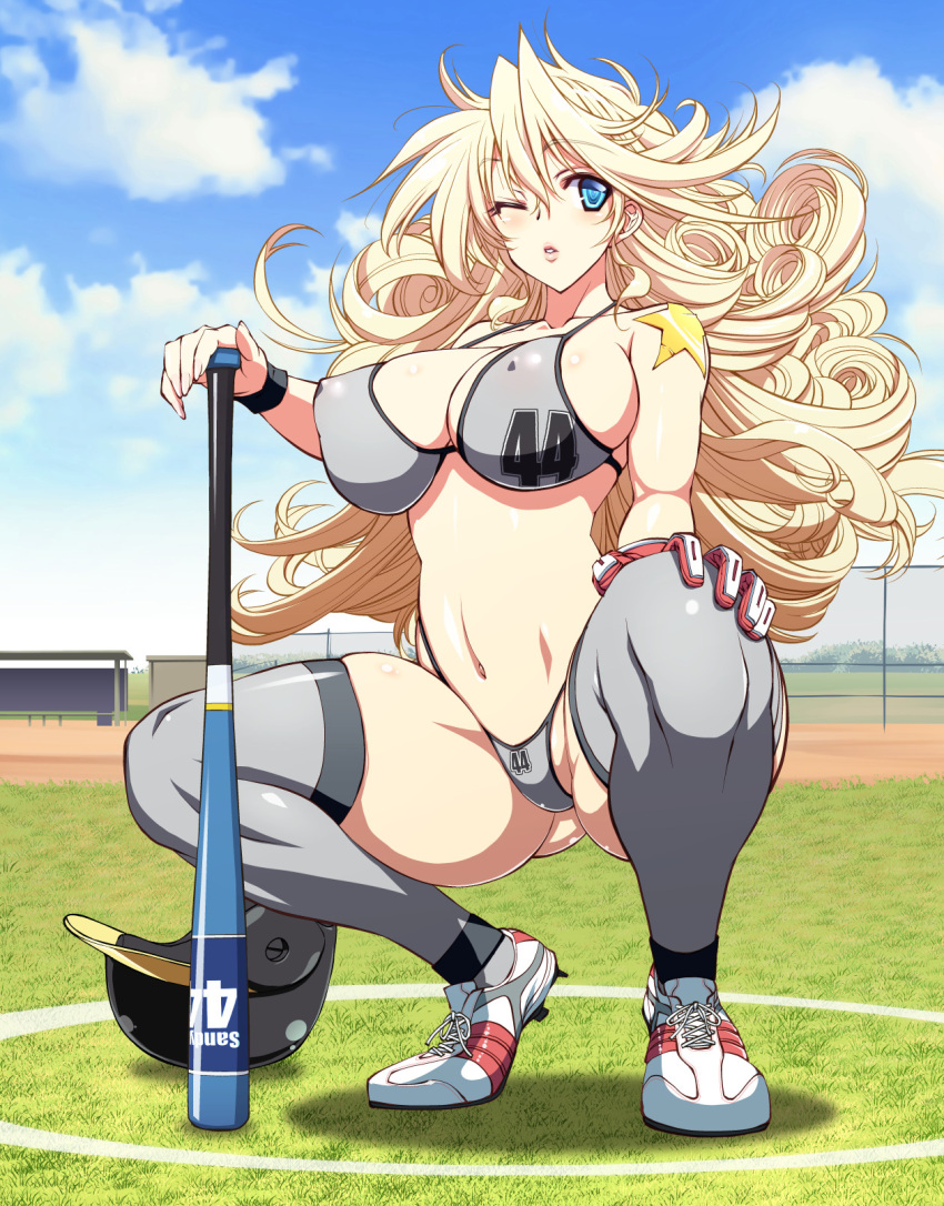 1girl, baseball_bat, baseball_helmet, big_hair, blue_eyes, breasts, clouds, curly_hair, erect_nipples, gloves, gluteal_fold, grass, grey_bikini, grey_legwear, helmet, highres, large_breasts, lips, long_hair, looking_at_viewer, one_eye_closed, original, parted_lips, rakko_(r2), shoes, skindentation, sneakers, solo, squatting, star, thick_thighs, thigh-highs, thighs