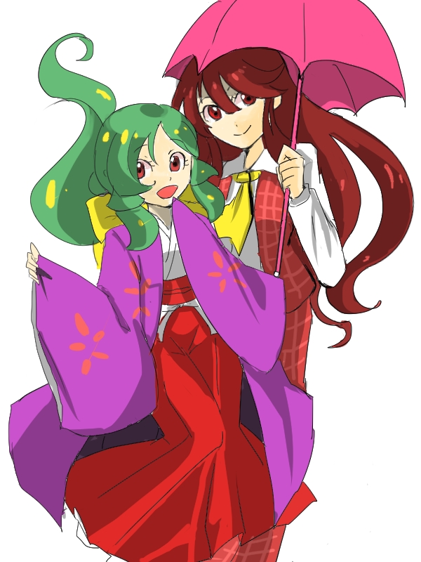 2girls, bow, cosplay, costume_switch, green_hair, hair_bow, hakama, japanese_clothes