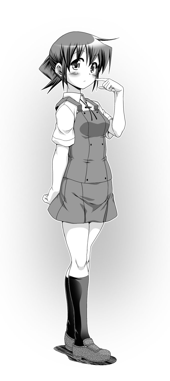 1girl, blush, hidamari_sketch, highres, legs, monochrome, nori, school_uniform