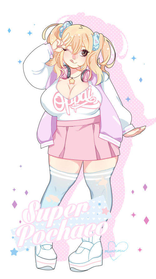 1girl, blonde_hair, blue_legwear, breasts, brown_eyes, cleavage, headphones, headphones_around_neck, jacket, jewelry, large_breasts, looking_at_viewer, miniskirt, munrou, necklace, one_eye_closed, platform_footwear, plump, scrunchie, short_twintails, skirt, solo, star_necklace, super_pochaco, thick_thighs, thigh-highs, thighs, tongue, tongue_out, torn_clothes, twintails, v