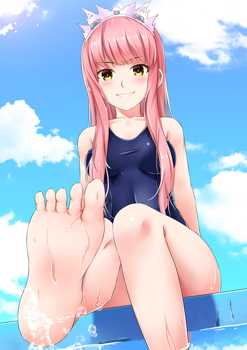 1girl, :d, bangs, barefoot, blush, covered_navel, day, fate/grand_order