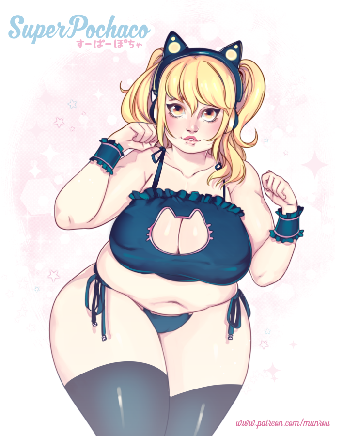 1girl, belly, black_legwear, black_panties, blonde_hair, breasts, cat_ear_headphones, cat_ears, cat_lingerie, cleavage, cleavage_cutout, collarbone, cowboy_shot, fat, headphones, large_breasts, looking_at_viewer, munrou, nitroplus, orange_eyes, panties, parted_lips, paw_pose, plump, short_hair, short_twintails, solo, sparkle_background, super_pochaco, thick_thighs, thigh-highs, thighs, twintails, underwear, wide_hips, wrist_cuffs