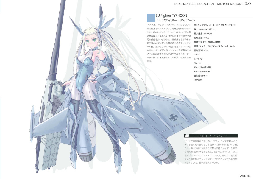 1girl, bare_shoulders, blonde_hair, bridal_gauntlets, character_sheet, eurofighter_typhoon, green_eyes, hand_on_hip