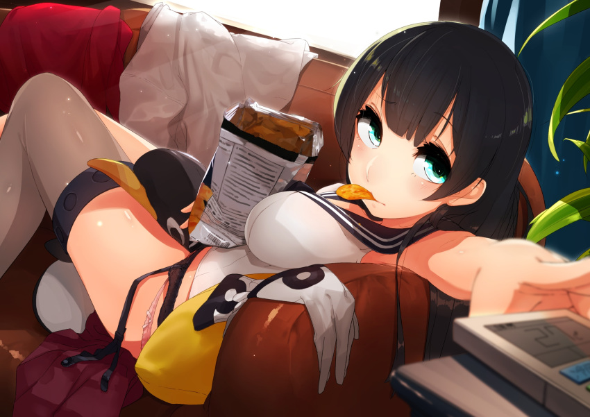 1girl, agano_(kantai_collection), bag_of_chips, bangs, bare_arms, bare_shoulders, between_legs, black_hair