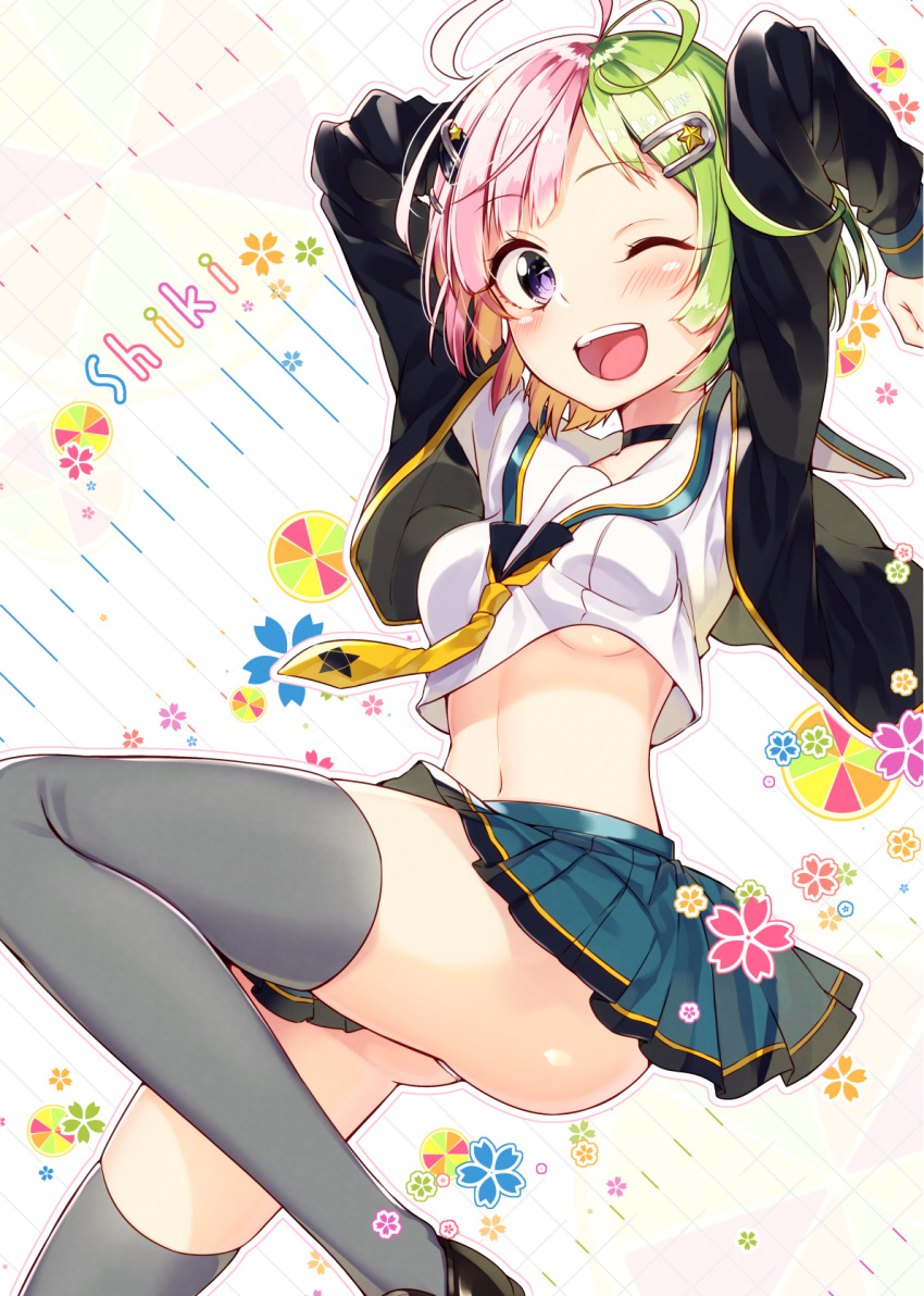 1girl, ;d, ahoge, arms_up, ass, bangs, black_shoes, blazer