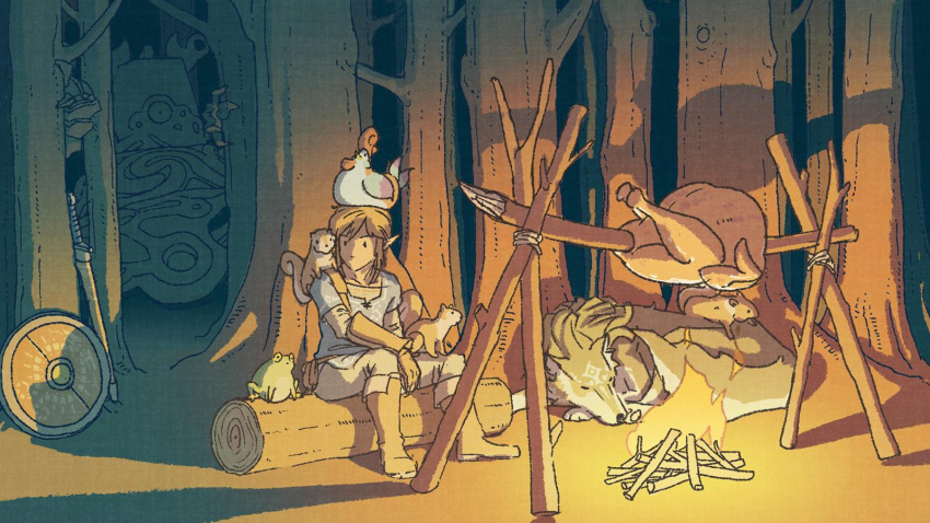 1boy, animal, animal_on_head, bird, campfire, chicken, fire, food