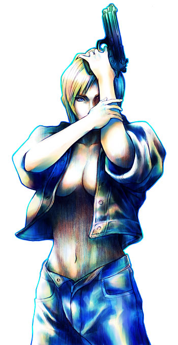 aya_brea, blonde_hair, blue_eyes, breasts, cleavage, gun, jacket, jeans, midriff, official_art, open_shirt, parasite_eve, parasite_eve_ii, square_enix, standing, weapon