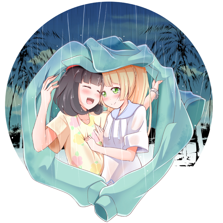 2girls, ^_^, ^o^, bangs, beanie, black_hair, blonde_hair, blunt_bangs