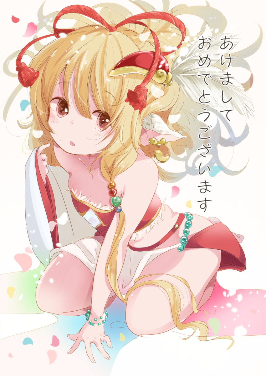 1girl, animal_ears, arm_support, blonde_hair, breasts, crop_top, full_body, granblue_fantasy, hair_over_shoulder, hair_ribbon, harbin, highres, leaning_forward, long_hair, looking_at_viewer, mahira_(granblue_fantasy), makira_(granblue_fantasy), midriff, myouji_namawe, open_mouth, red_eyes, ribbon, sidelocks, sitting, skirt, small_breasts, thighs, translation_request, white_skirt, wide_sleeves