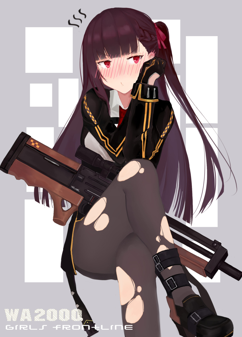 1girl, blush, braid, bullpup, commentary_request, embarrassed, girls_frontline, gloves