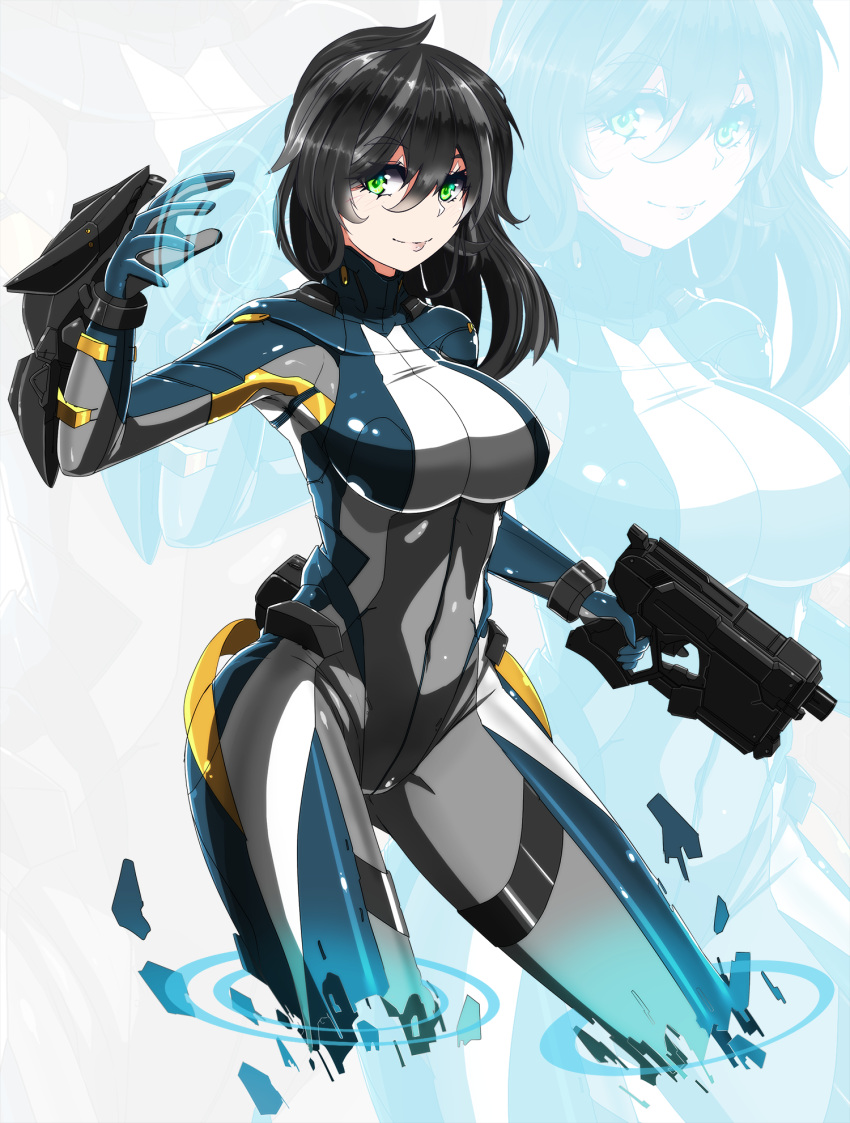 1girl, black_hair, contrapposto, energy, green_eyes, gun, highres, lips, long_hair, looking_to_the_side, original, saggitary, skin_tight, smile, solo, trigger_discipline, weapon, zoom_layer