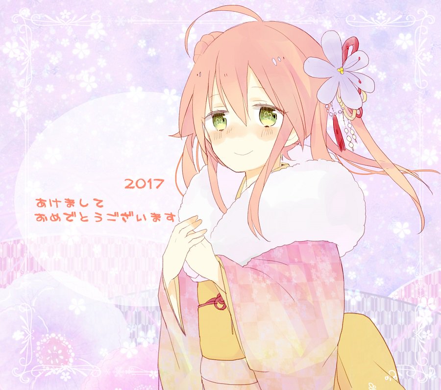 1girl, 2017, ahoge, blush, commentary_request, flower, flower_knight_girl, fuchsia_(flower_knight_girl), green_eyes, hair_flower, hair_ornament, japanese_clothes, kimono, long_hair, looking_at_viewer, paradoxical-ky, pink_hair, smile, solo, translation_request