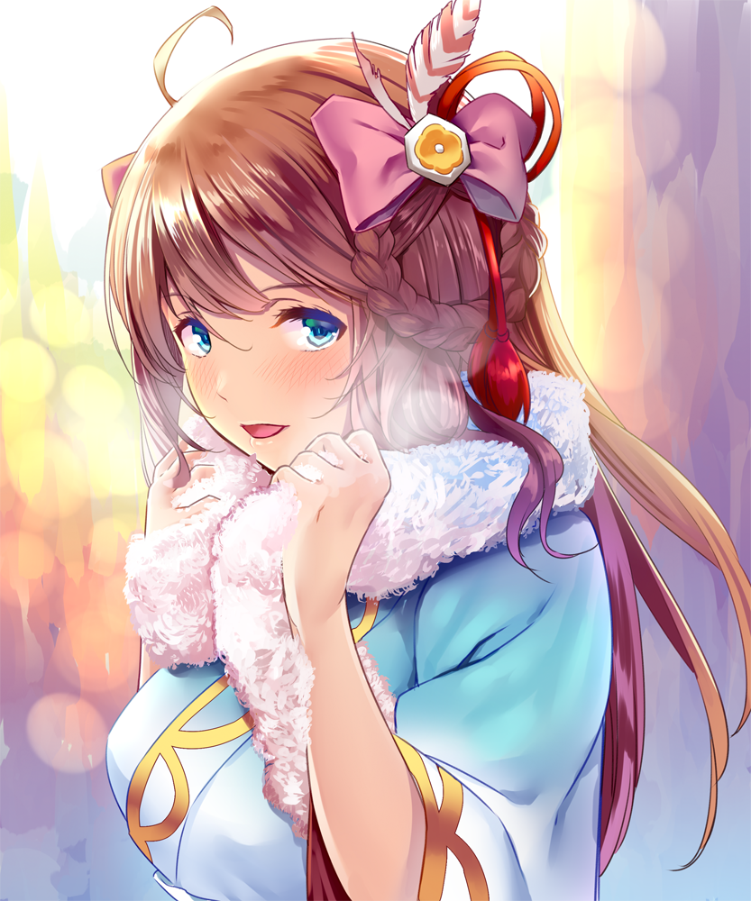 1girl, ahoge, bangs, blue_eyes, blush, bow, braid, breasts