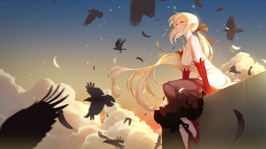 1girl, animal, arm_support, bangs, bare_shoulders, bird, blonde_hair, breasts
