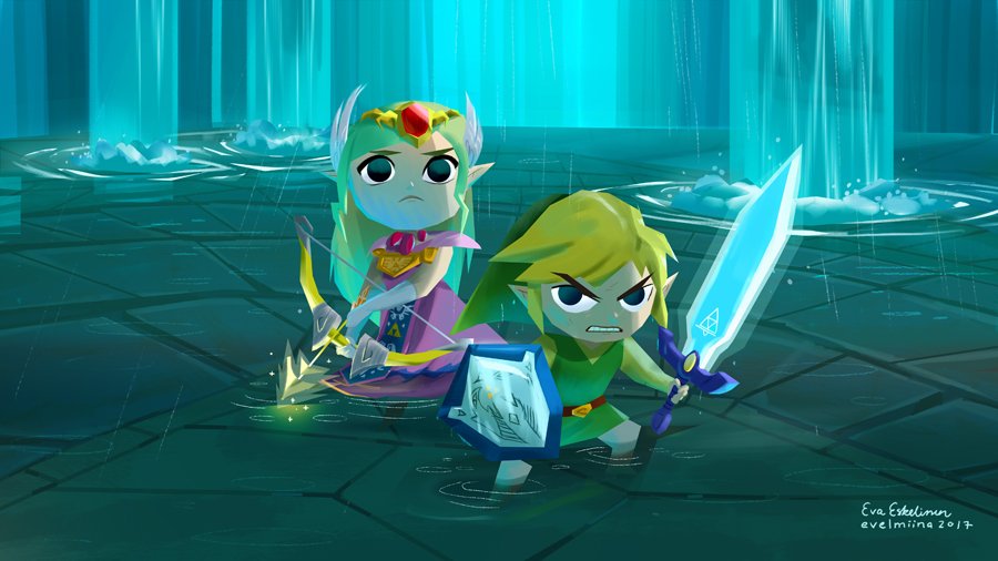 1boy, 1girl, arrow, bow_(weapon), evelmiina, light_arrows, link, master_sword, princess_zelda, shield, the_legend_of_zelda, the_legend_of_zelda:_the_wind_waker, toon_link, water, waterfall, weapon