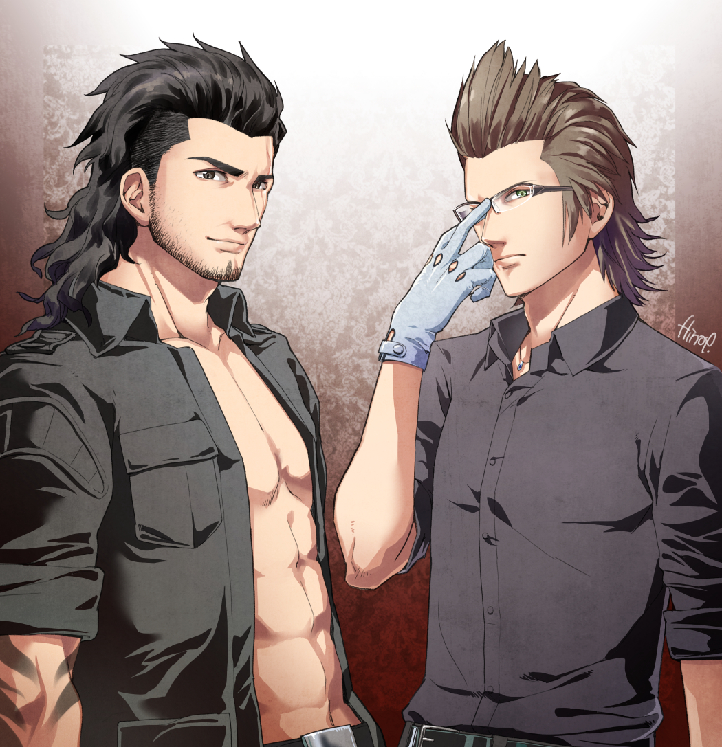 2boys, bare_chest, belt, black_hair, brown_hair, final_fantasy, final_fantasy_xv, gladiolus_amicitia, glasses, gloves, hinoe_(dd_works), ignis_scientia, jacket, looking_at_viewer, multiple_boys, scar, scar_across_eye, shirt, short_sleeves, smile, unshaved_face