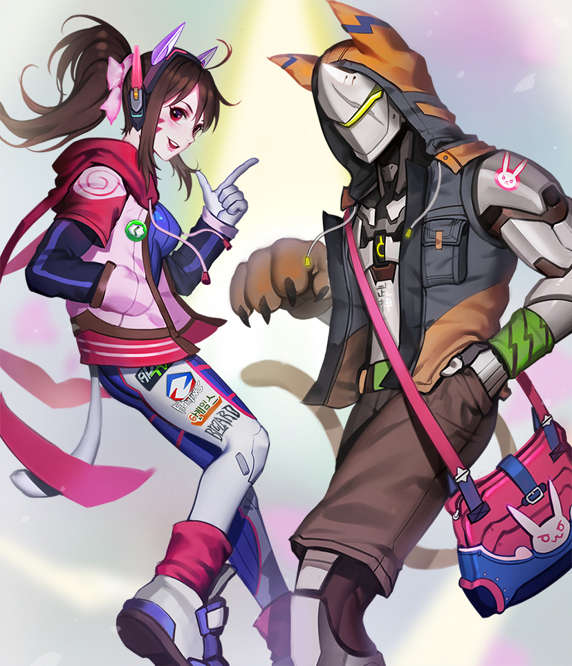 1boy, 1girl, alternate_hairstyle, animal_print, armor, ass, bag, bangs