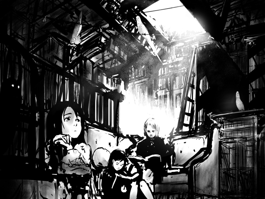 birds, book, dan_kim, facebird, highres, library, light, monochrome, monster, original, penny_tribute