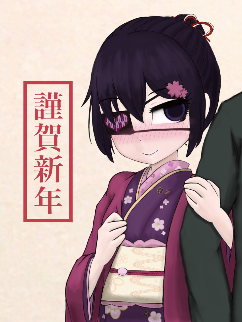 1girl, black_hair, blush, borrowed_character, eyepatch, floral_print, flower, fukasugi_aiko