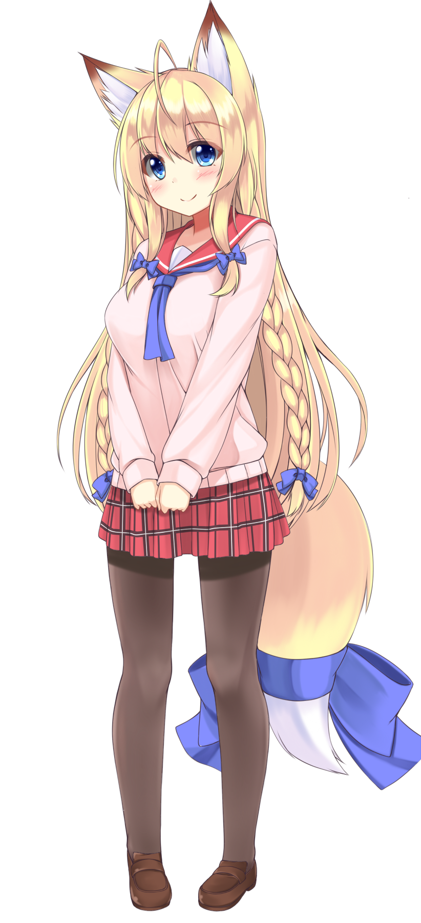 1girl, ahoge, animal_ears, black_legwear, blonde_hair, blush, bow, braid