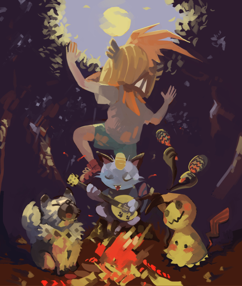 1girl, alola_form, alolan_meowth, amulet_coin, animal_ears, banjo, blush, campfire