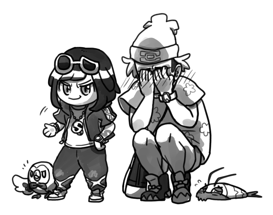 >:), 1boy, 1girl, bag, bangs, beak, beanie, bird