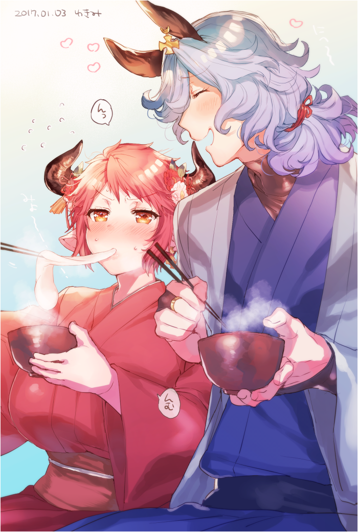 1boy, 1girl, animal_ears, batten_(yukibara_7), blue_hair, blush, bowl, chopsticks, cow_ears, cow_horns, doraf_(granblue_fantasy), drunk_(granblue_fantasy), eating, erun_(granblue_fantasy), food, granblue_fantasy, hair_ornament, horns, japanese_clothes, jewelry, kimono, mochi, new_year, short_hair, strum_(granblue_fantasy), wagashi, zouni_soup