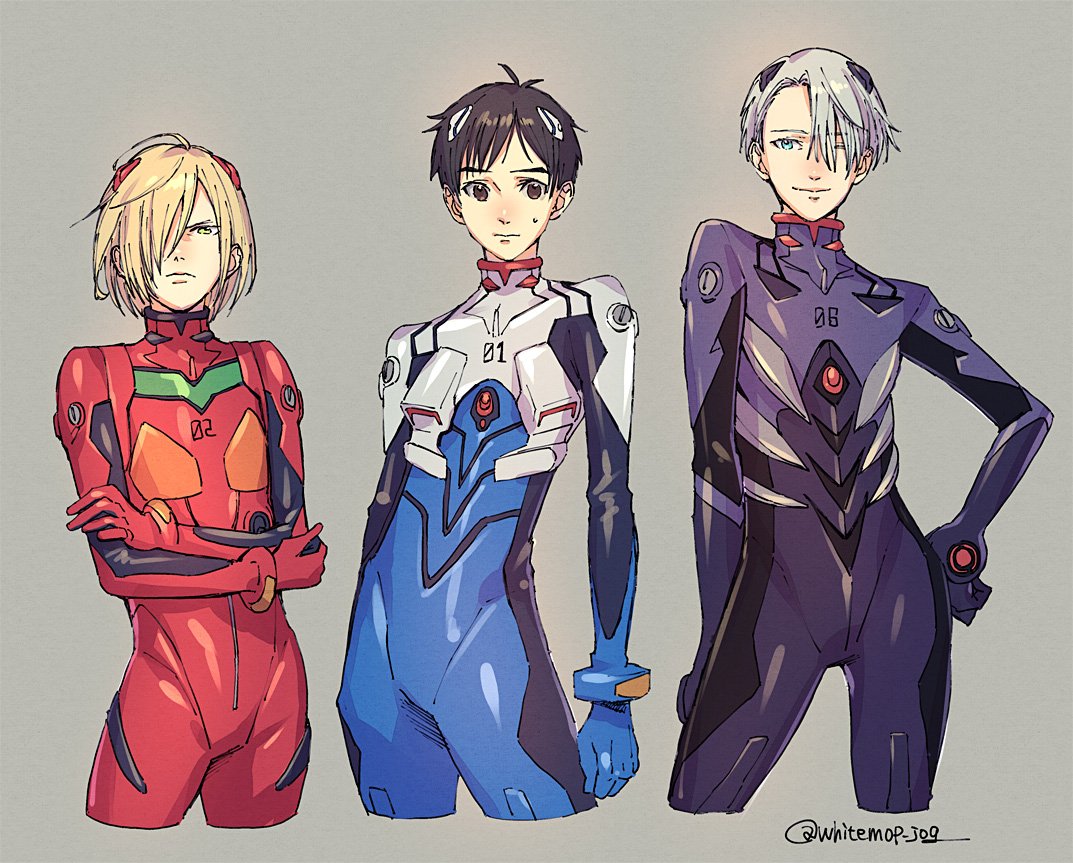 3boys, black_hair, blonde_hair, blue_eyes, brown_eyes, cosplay, crossed_arms, grey_hair