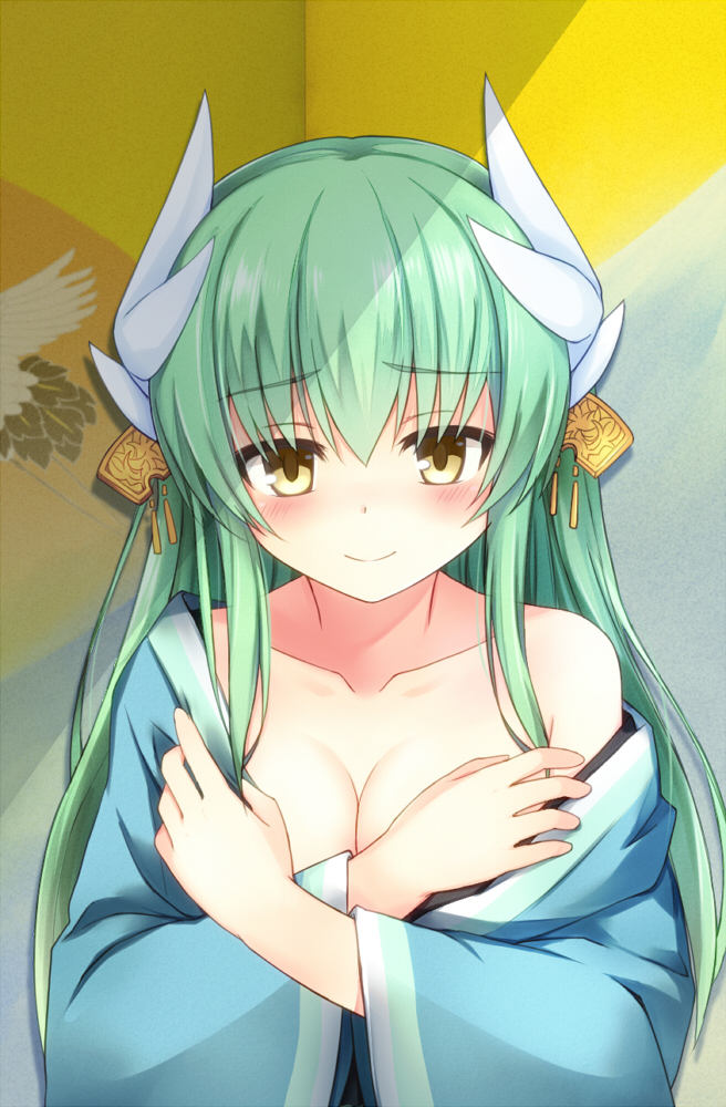 1girl, animal_print, bangs, bare_shoulders, bird_print, blue_kimono, blush, breasts