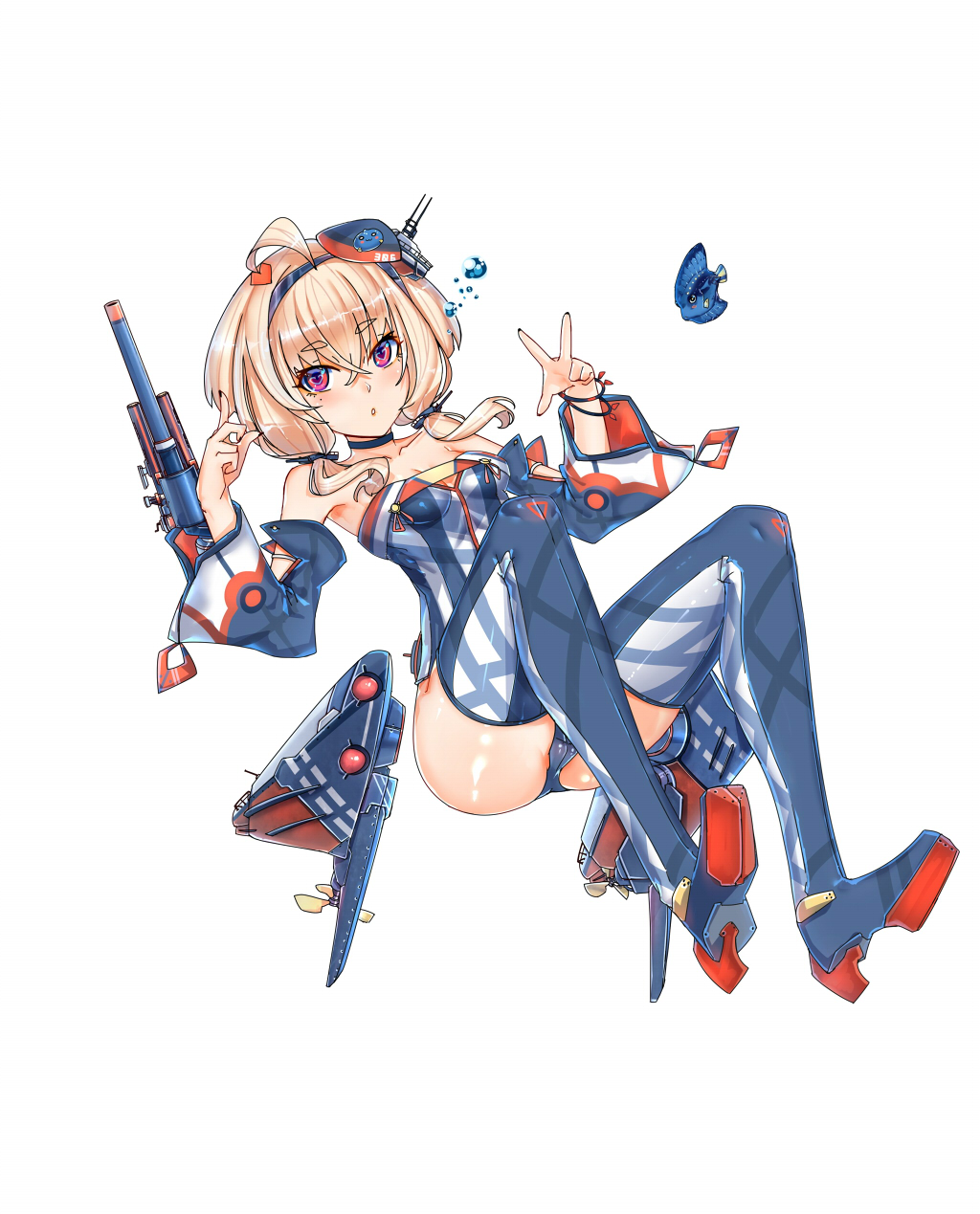 12cat, 1girl, ahoge, armpits, bare_shoulders, blonde_hair, blush, boots