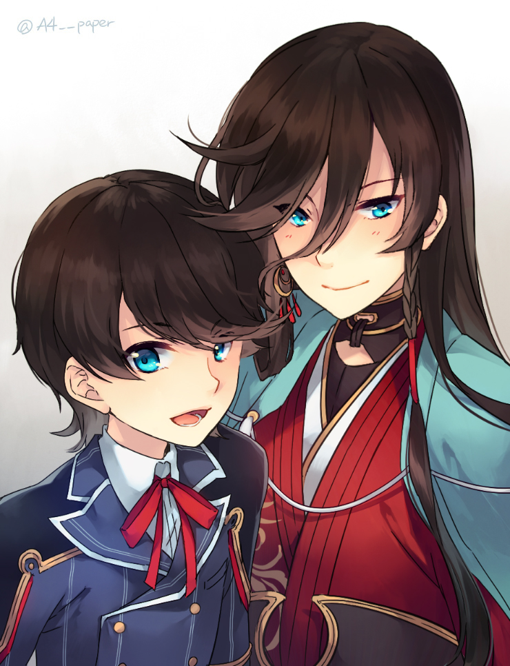 2boys, black_hair, blue_eyes, endend_(shinia), horikawa_kunihiro, izumi-no-kami_kanesada, multiple_boys, touken_ranbu