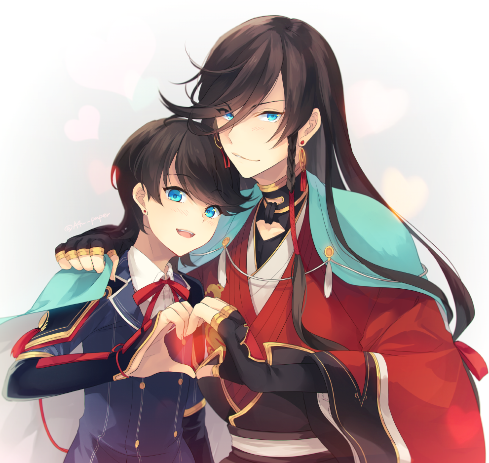 2boys, black_hair, blue_eyes, endend_(shinia), heart, heart_hands, heart_hands_duo, horikawa_kunihiro