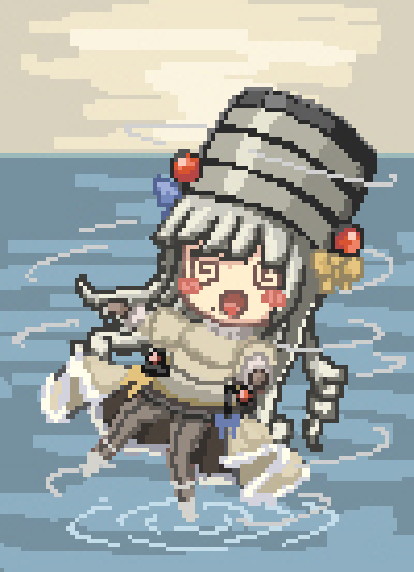 1girl, @_@, blush_stickers, chibi, drill_hair, grey_hair, hat, hei1905, long_hair, machinery, novgorod_(zhan_jian_shao_nyu), open_mouth, pixel_art, solo, spinning, standing, standing_on_liquid, standing_on_one_leg, water, zhan_jian_shao_nyu
