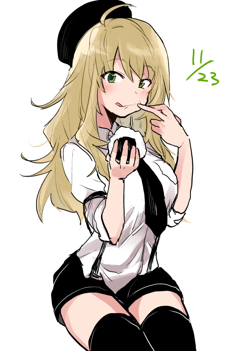 1girl, :q, azu_(azu401), beret, black_legwear, blonde_hair, blush, breasts