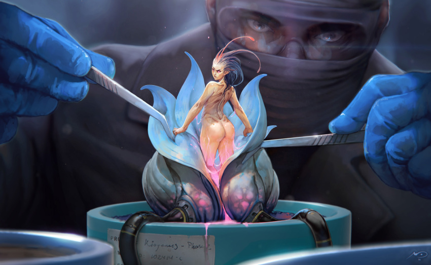 1boy, 1girl, antenna_hair, ass, back, bare_shoulders, black_hair, bloom, cable, commentary, face_mask, from_behind, gloves, glowing, glowing_eyes, highres, labcoat, long_hair, looking_at_viewer, looking_back, marc_brunet, mask, nude, original, plant, pointy_ears, signature, slime, violet_eyes