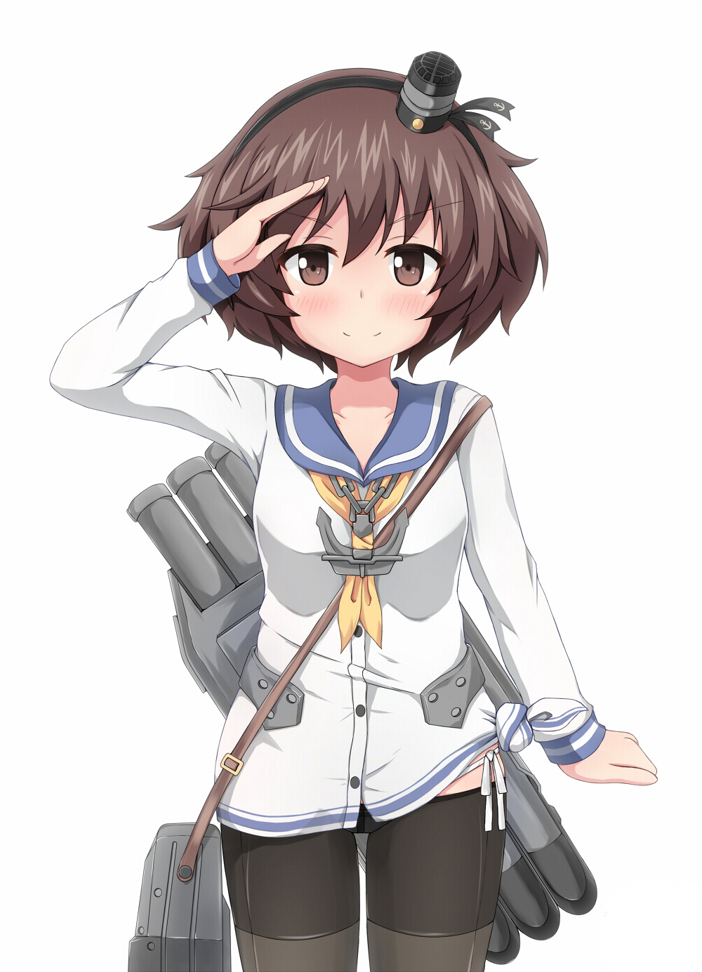 1girl, akiyama_yukari, anchor_necklace, bag, bangs, black_hairband, black_legwear, blouse, blush, brown_eyes, closed_mouth, commentary, cosplay, cowboy_shot, girls_und_panzer, hairband, hat, highres, kantai_collection, konuko_(nukonuko210), light_smile, long_sleeves, looking_at_viewer, lowleg_pantyhose, mini_hat, no_pants, panties, panties_under_pantyhose, pantyhose, salute, school_uniform, seamed_legwear, serafuku, shirt, short_hair, shoulder_bag, side-seamed_legwear, side-tie_panties, simple_background, solo, standing, tied_shirt, tokitsukaze_(kantai_collection), tokitsukaze_(kantai_collection)_(cosplay), torpedo, underwear, white_background, white_blouse, white_panties, yellow_neckerchief