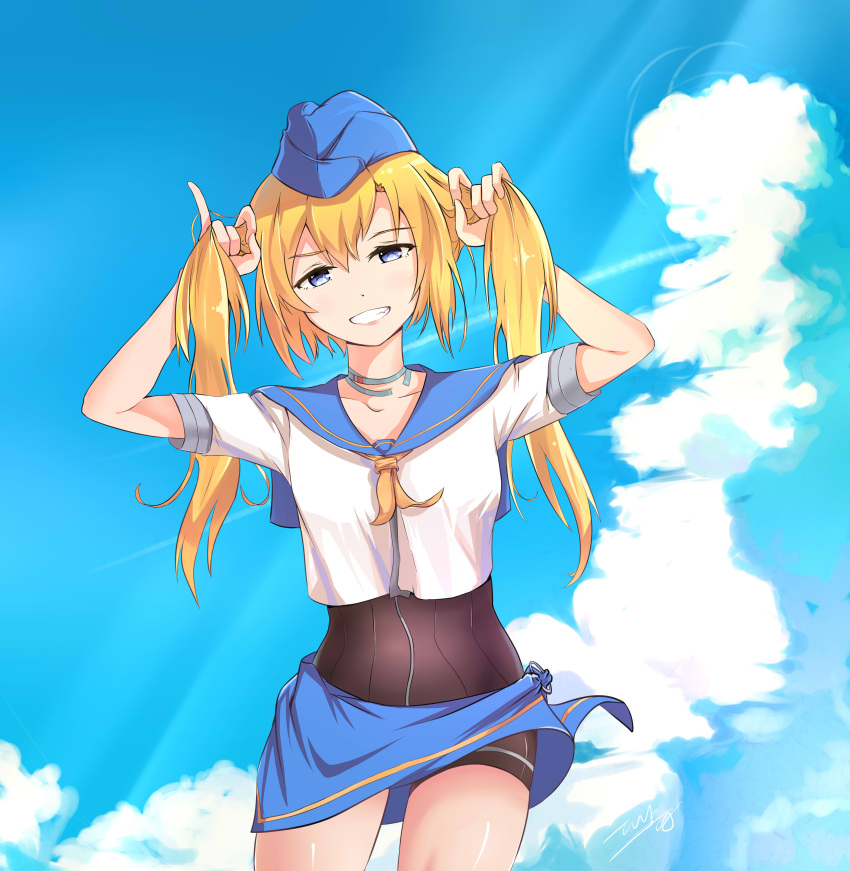 1girl, absurdres, arms_up, blonde_hair, blue_background, blue_eyes, blue_hat, blue_sky, bodysuit, breasts, clouds, collarbone, condensation_trail, cowboy_shot, garrison_cap, grin, hat, highres, johnston_(zhan_jian_shao_nyu), lipstick, long_hair, looking_at_viewer, makeup, playing_with_own_hair, qiancong, sailor_collar, sarong, shirt, short_sleeves, shorts, signaure, sky, small_breasts, smile, solo, standing, teeth, twintails, white_shirt, zhan_jian_shao_nyu