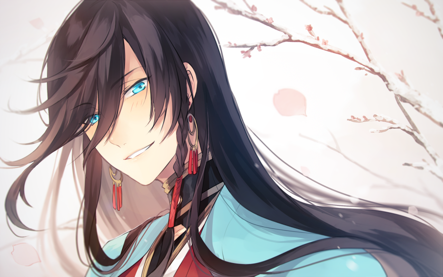 1boy, androgynous, black_hair, blue_eyes, earrings, endend_(shinia), izumi-no-kami_kanesada, jewelry